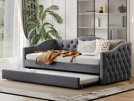 Twin Size Upholstered Daybed With Trundle And USB Charging Design For Bedroom - Gray
