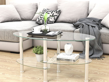Transparent Oval Glass Coffee Table, Modern Table In Living Room Oak Wood Leg Tea Table 3-Layer Glass Table