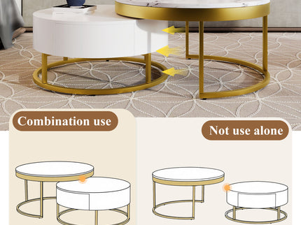 Round Nesting Coffee Table With Drawers - Golden / White