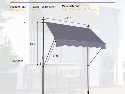Manual Retractable Patio Awning, UV Resistant Sun Shade With No Drill Installation