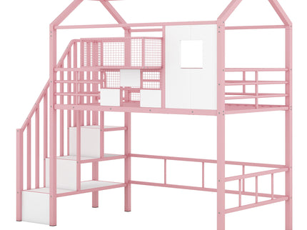 Metal Loft Bed With Roof Design And Storage Box With Guardrails And Integrated Ladder