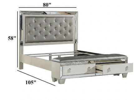 Glamorous Tufted Headboard Bed With Mirror Trim