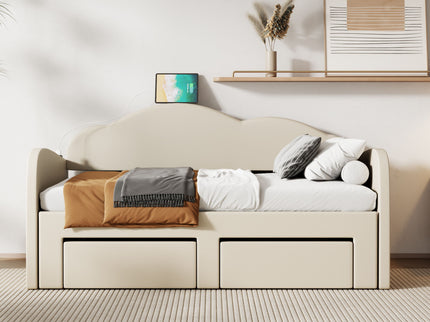 Upholstered Daybed With Cloud-Shaped Backrest, Trundle & 2 Drawers And USB Ports