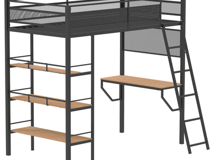 William - Twin Loft Bed 3 Shelf With Built In Desk - Matte Black