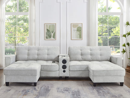 Modern Sectional Sofa U-Shaped With Movable Ottomans, tooth Speakers, LED Lights And Modular Storage