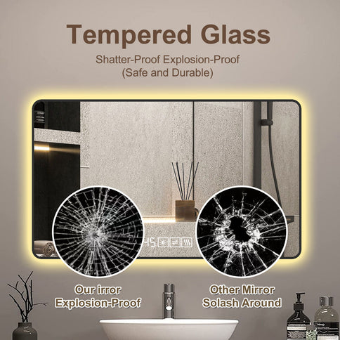 Wall Mirror With Rounded Corners, Temperature Display, Tri-Color Light, Defogging