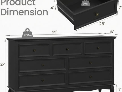 7 Drawer Dresser, Storage Chest - Black