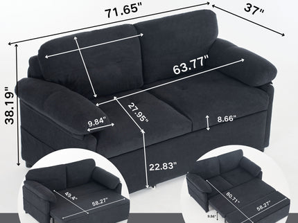 Convertible Pull Out Sofa Bed Queen Size, 3 In 1 With Side Storage