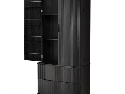 Fluted Kitchen Pantry Cabinet With 2 Large Drawers & 8 Door Spice Rack
