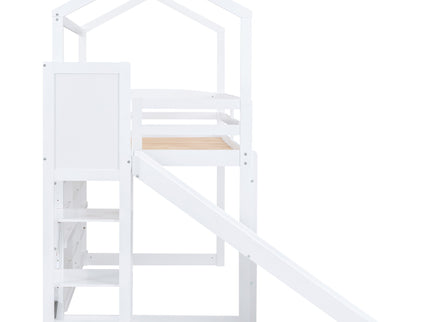 House Loft Bed With Slide, Storage Shelves And Light, Climbing Ramp