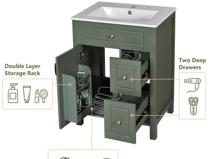 Elegant Bathroom Vanity With Ceramic Sink, Soft Close Doors And Drawers, Double Storage Racks