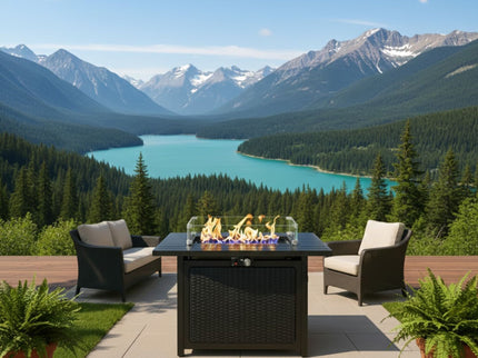Outdoor 2 In 1 Propane Fire Pit Table With Lid & Glass Shield, Rectangular Fire Table, Lava Rock & Cover - Black