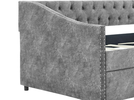 Upholstered Tufted Daybed With 2 Drawers, Waved Arms