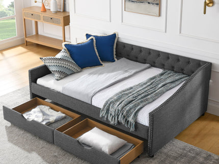 Upholstered Tufted Daybed With 2 Drawers, Waved Arms