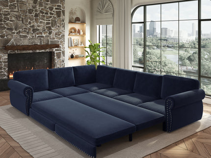 L-Shaped Sofa Couch With Pull Out Bed With Nailhead Trim & Rolled Arm