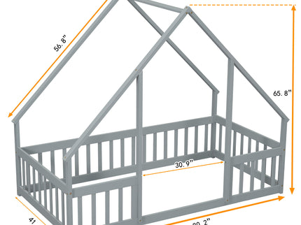 Wood House-Shaped Floor Bed With Fence, Guardrails