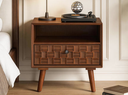 Nightstand With Carved Geometric Drawer Front, 1 Drawer And Open Shelf