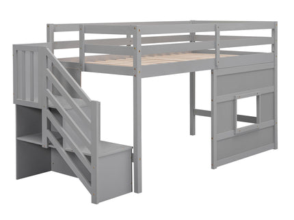 Loft Bed With Storage Staircase, Window & LED Light