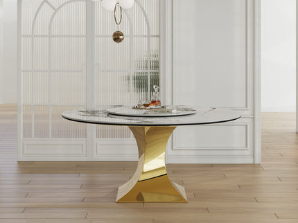 Luxury Round 59" Sintered Stone Dining Table With Stainless Steel Hourglass Base, Scratch & Heat Resistant Surface - Golden / White