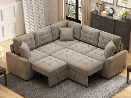 L-Shape Sofa Bed Pull-Out Sleeper Sofa With Wheels, USB Ports, Power Sockets For Living Room