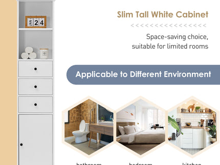 Tall Storage Cabinet With 3 Drawers And Adjustable Shelves For Bathroom