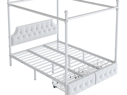 Queen Size Canopy Platform Bed With Upholstered Headboard And 2 Storage Drawers - White