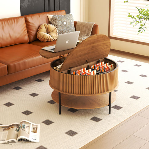 Lift Top Coffee Table, Round Storage Cocktail Table With Reinforced Legs, Safe Rounded Design - Brown
