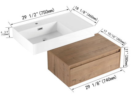 Modern Wall Mounted Bathroom Vanity With Resin Sink And Soft Close Drawer In Imitative - Imitative Oak