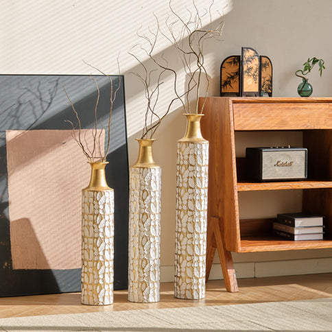 Floor Vases Large Vases Decorative High Vases (Set of 3) For Home Decor Vintage Large Vases Representing Twigs, Twigs Dried Flowers Living Room Antique Worn Vases - Antique White
