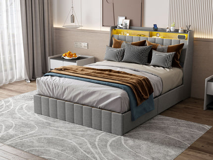 Queen Size Bed Frame With LED Lighting, Winged Headboard With Storage Drawers - Light Gray