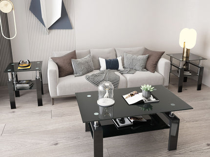 Modern Tempered Glass Tea Table, End Square Table For Living Room (Set of 2) - Black