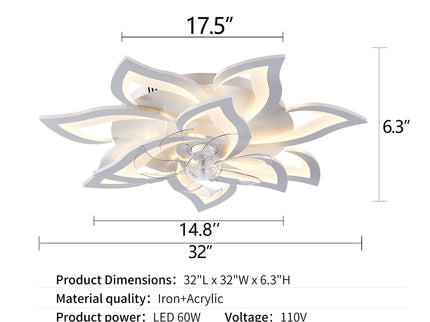 32" Flower Ceiling Fan With LED Dimmable Light, Low Profile Flush Mount Fan With Remote Control, 6 Speeds