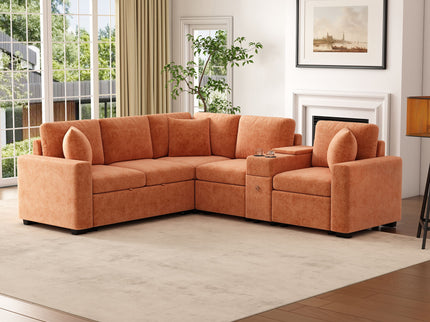Modular L-Shaped Sectional Sofa Bed With Pull-Out Sleeper, Cup Holders, And Storage