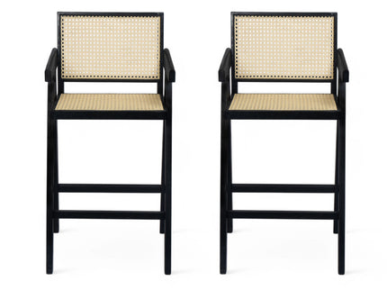 Modern Minimalist Bar Stool With Cane Seat - Black / Natural