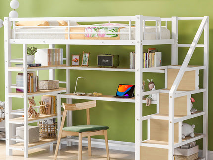 Twin Size Loft Bed With Built In Desk, Staircase Storage & 4 Tier Shelves - White