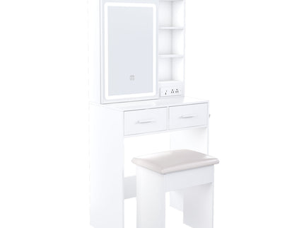 Space Saving Makeup Vanity Desk With Mirror & Adjustable Led Lights, Built-In Power Outlet, Hidden Storage, Includes Stool & Shelf - White