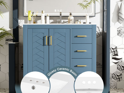 Bathroom Vanity With Sink, Storage Cabinet, Freestanding Set With 3 Drawers & Soft Closing Doors - Indigo