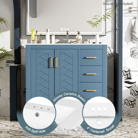 Bathroom Vanity With Sink, Storage Cabinet, Freestanding Set With 3 Drawers & Soft Closing Doors - Indigo