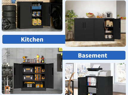 Heavy Duty Storage Cabinet With Lock, 2 Door File Cabinet With 2 Adjustable Shelves - Black