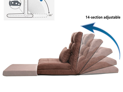 Modern Triple Fold Down Metal Frame Sofa Bed With 5 Reclining Positions And Pillow - Adjustable Upholstered Floor Couch For Gaming Or Guest Room - Brown