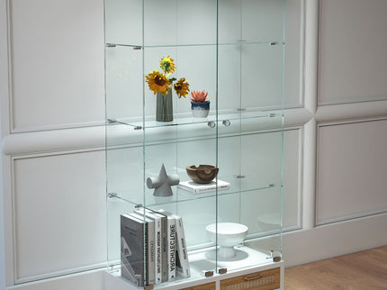 Glass Display Cabinet With LED Lights, Tempered Glass Doors, Large Drawers, 2 Door Storage Case With 4 Shelves - Natural / White
