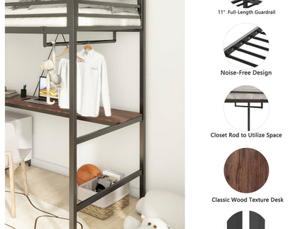 Adam - Twin Loft Bunk Bed With Cinnamon Wood Desk And Closet Rod - Black