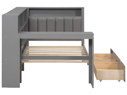 Platform Bed With Upholstered Headboard, Storage Shelves, Drawers, Charging Station, LED Lighting, Built In Desk
