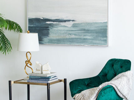 Large Rectangle Framed Wall Art Ocean Waves Canvas Print, Home Decor For Living Room Foyer Office - White / Blue