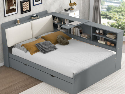 Platform Bed With Trundle, Shelves, And Storage Headboard