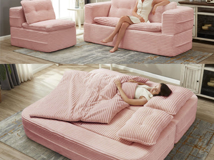 Multi Functional Sectional Sofa Bed With Independent Chaise Lounge And Functional Blanket, Convertible King Size Bed, Deep Seat - Baby Pink