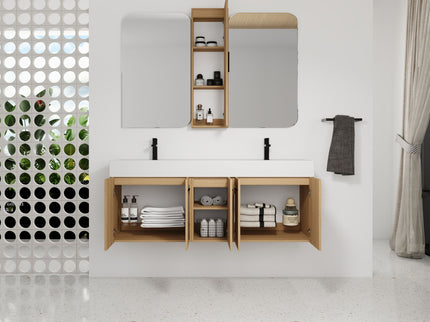 Floating Double Sink Bathroom Vanity Set With Tall Linen Cabinet, Extra Large Storage, Integrated Sink, Soft Close Doors - Glossy White / Light Oak