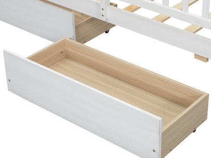 Platform Bed With LED Light, Multi Functional Headboard, Guardrail And 2 Drawers