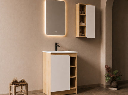 24" Bathroom Vanity With Sink & Wall Mounted Side Cabinet, Vanity Set With Thin Edge Sink, Interchangeable & Door Panels, Open & Hidden Storage - Black / Light Oak / White
