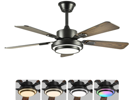 5 Blades Ceiling Fan With LED Light 3000 - 6500K Dimmable, 6 Speed Levels, Reversible Ceiling Fan - Matte Black